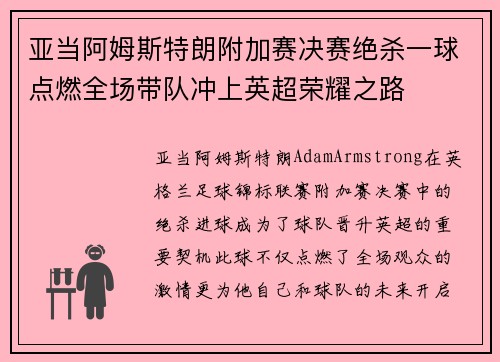 亚当阿姆斯特朗附加赛决赛绝杀一球点燃全场带队冲上英超荣耀之路